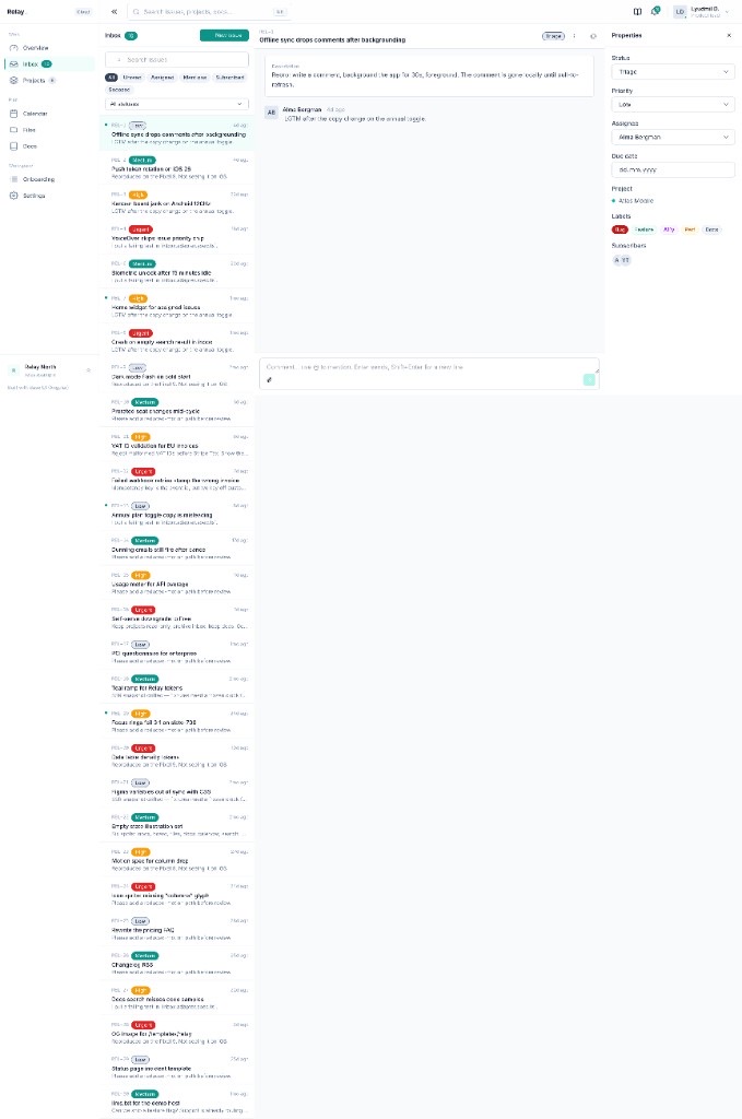 Relay inbox with issue threads and a reading pane
